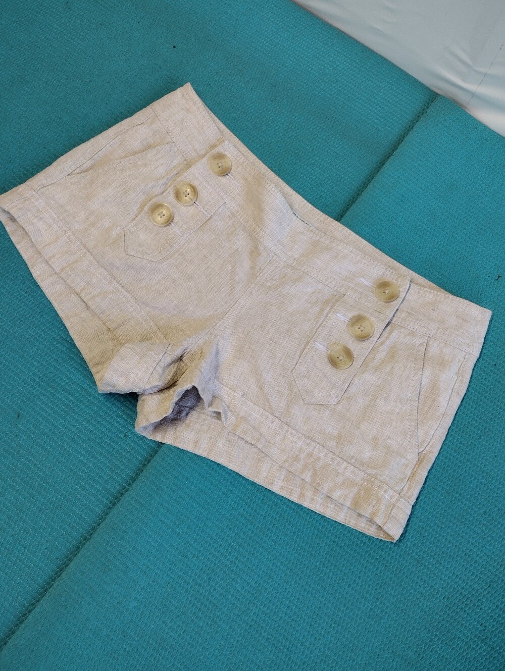 Express Low Waist Beige Linen Blend Buttons Front Shorts - 4